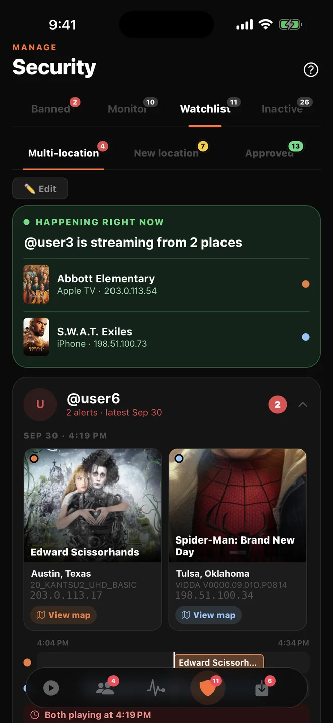Security screen showing a multi-location alert
