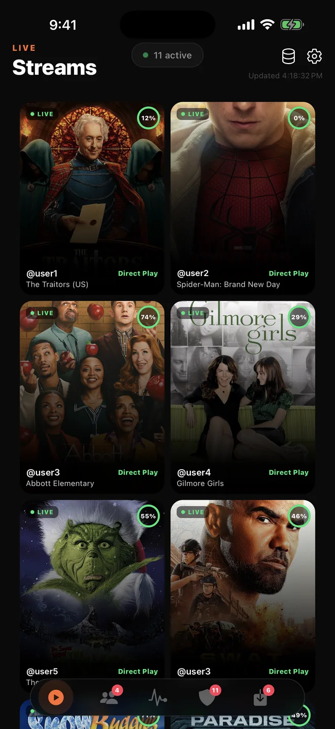 Host Streams screen with live streams